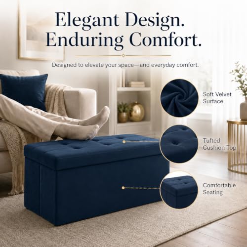 Image of ALASDO 30 Inch Folding Storage Ottoman Bench with Hidden Storage, Velvet Storage Ottoman Foot Rest Stool, End of Bed Bench for Bedroom, Living Room, Entryway and Closet, Navy Blue