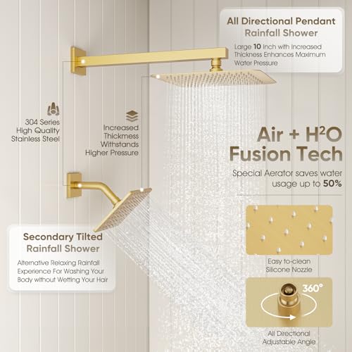Juego de grifo para ducha en oro cepillado con cabezales de ducha lluvia de 10" y 8" | Sistema de ducha metálico completo para dos personas, cabezal de ducha de pared con rociador manual, válvula de ducha de 3 vías y kit de acabados miniatura 3