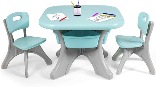Costzon juego de mesa y 2 sillas para niños para arte con cubos de almacenamiento desmontables fuerte capacidad de carga livianos muebles de