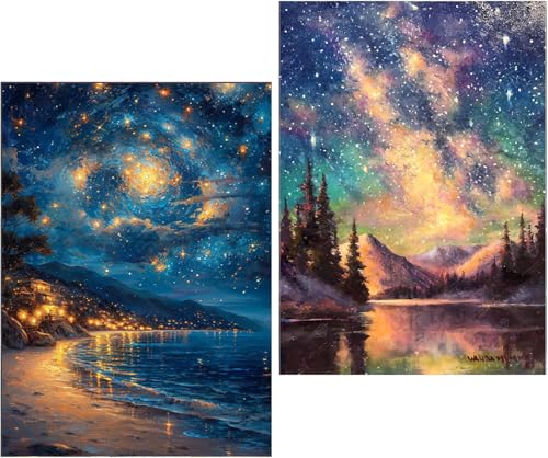 Amyaker ダイヤモンドアート キット 四角いビーズ 全面 2個セット ダイアモンドビーズ絵画キット DIY 手作り絵画 モザイクアート 5D モザイクアート ダイヤモンド塗装 全面貼り付けタイプ 30x40cm 星空のサムネイル