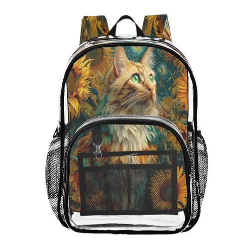 Colorful Cat Sunflower Starry Clear Backpack Heavy Duty See Through Transparent PVC BookBag for Kids Boy Girl School Work