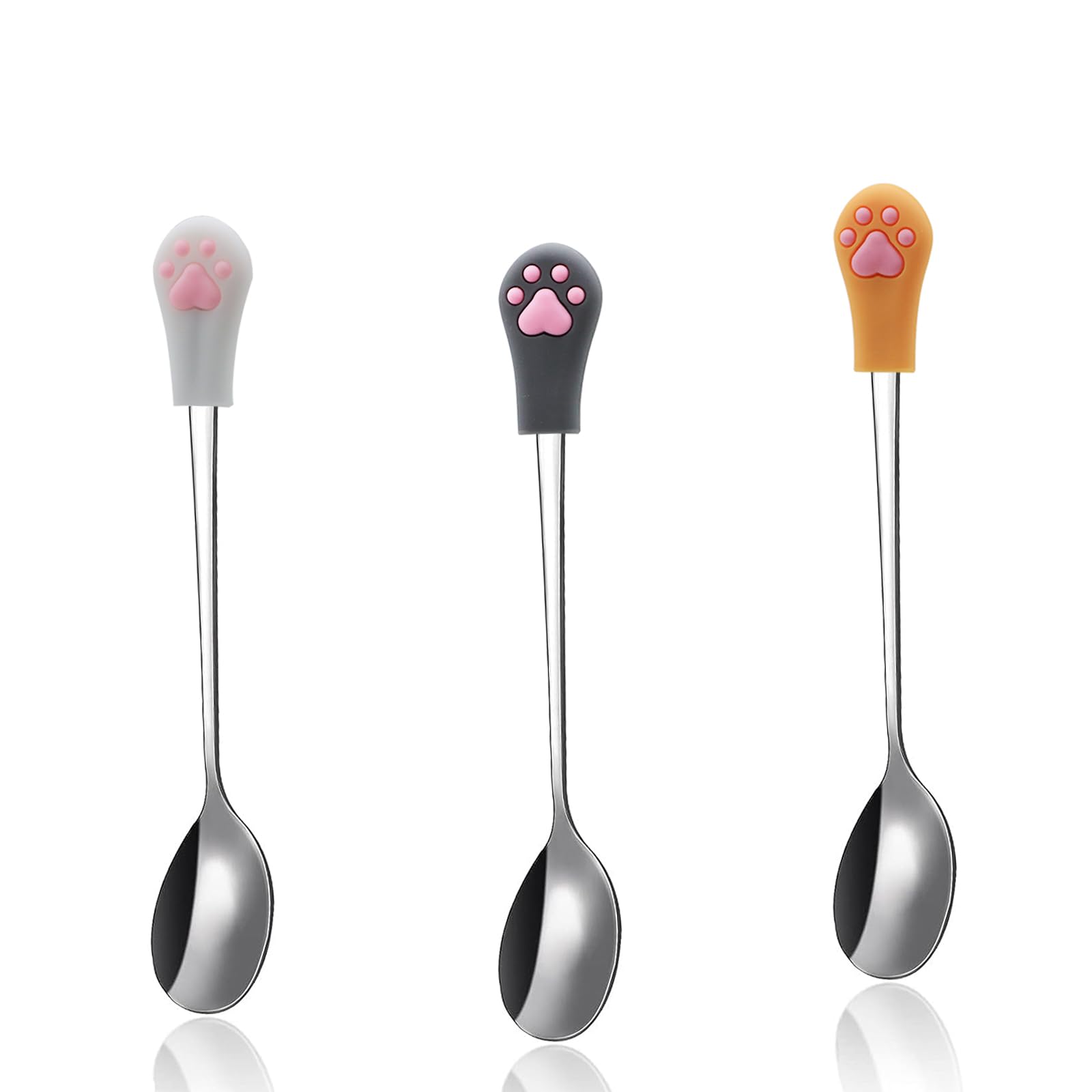 Cat Dog Food Can Spoons | 3 PCS | Stainless Steel Pet Wet Food Spoon | Cute Cat Claw Silicone Mixing Spoon | White, Gray and Orange