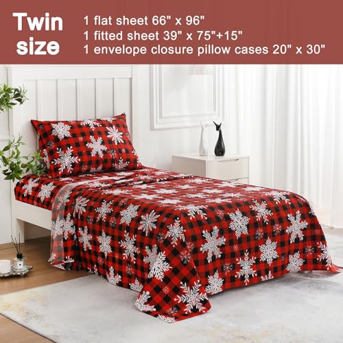 Image of JSD Red Buffalo Plaid Snowflakes Christmas Sheet Set Twin Size | 3 Piece Soft Microfiber Sheets, 16 in Extra Deep Pocket, OEKO-TEX Certified, Easy Care