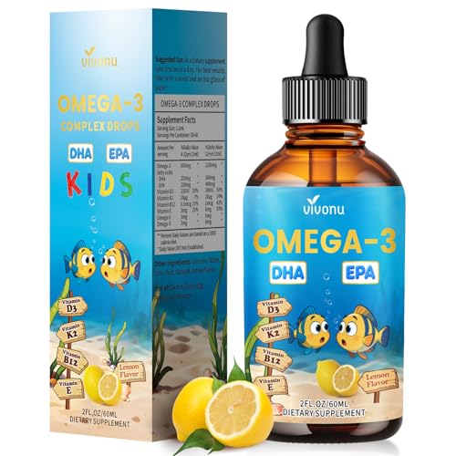 VivoNu Omega 3 Tropfen Kinder | 250-500 mg DHA + 200-400 mg EPA pro Tagesdosis | Omega-3-6-9 + Vitamine D3 K2 B12 E | Zitrone - 60ml - 100% natürlich - gentechnikfrei