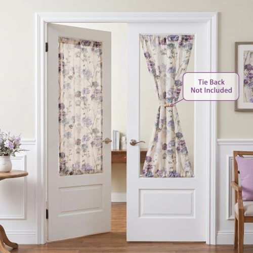 Image of MYSKY HOME Floral Linen French Door Curtains 40 inch Long 2 Panels for Front Door Light Filtering Privacy Semi Sheer Window Curtains with Rod Pocket, Purple, 24 inch W Each Panel