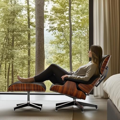 Image of Top Black PU Leather, Mid Century Chaise Lounge Chair and Ottoman, Modern Chair Classic Design, Palisander Wood, Heavy Duty Base Support for Living Room Office