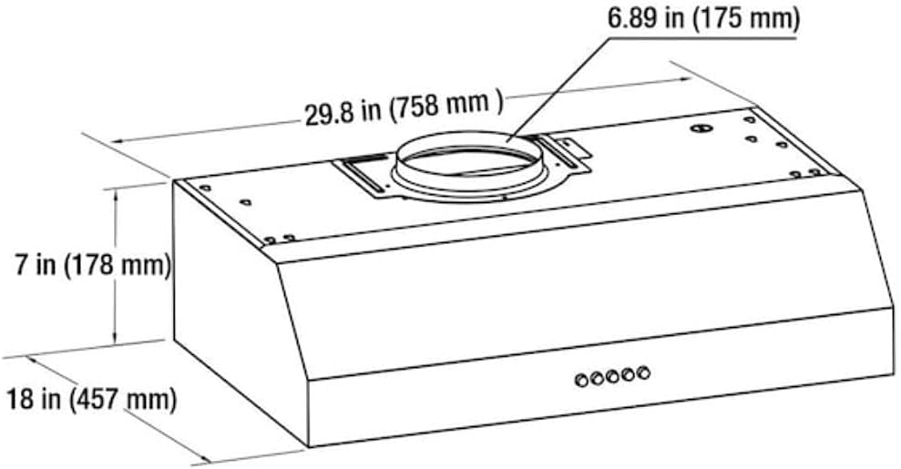 Diagram showing dimensions of the Vissani Range Hood: 29.8 inches wide, 18 inches deep, 7 inches high.