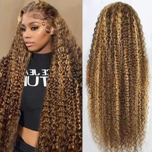 26 Pouces Honey Blonde Deep Wave Lace Front Wig Human Hair 13x6 HD Lace Front Wig 200% Density 4/27 Colored Highlight Pre Plucked Brazilian Virgin Wigs...