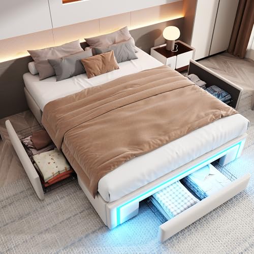Dolamaní Polsterbett Bettgestell 140x200 cm ohne Kopfteil, PU-Leder Bett Mit LED und Schubladen, Metall Lattenrost Moderne Schlafzimmer Doppelbett (Beige)