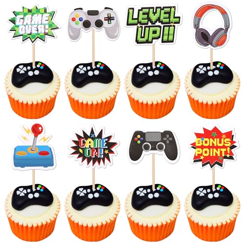 40 PCS Video Game Cupcake Toppers Double Sided Game On Controllers Cupcake Picks GamePad Cupcake Decorations for Game Theme Baby Shower Kids Boys Gamer Birthday Party Cake Decorations Supplies