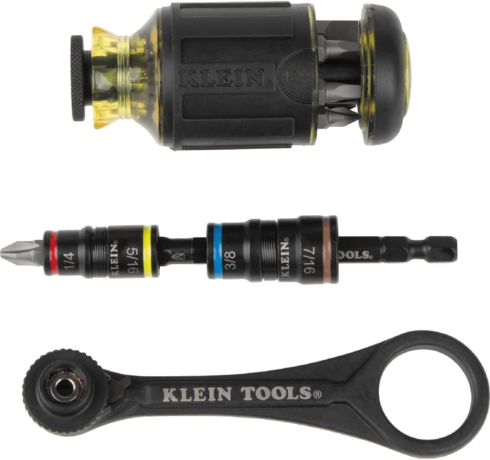 KLEIN TOOLS 85515HD 3-Piece Tool Set, Mini-Ratchet, 12-in-1 Impact Stubby Multi-Bit Driver and 5-in-1 Flip Socket, Tools for Tight Spaces