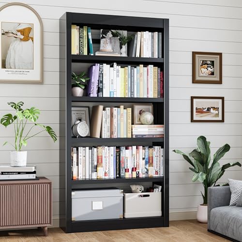 Image of 5 Tier Metal Bookshelf, 69 inch Tall Heavy Duty Bookcase with Adjustable Shelves, Industrial Display Storage Shelves for Home Office, Living Room, Study, Black