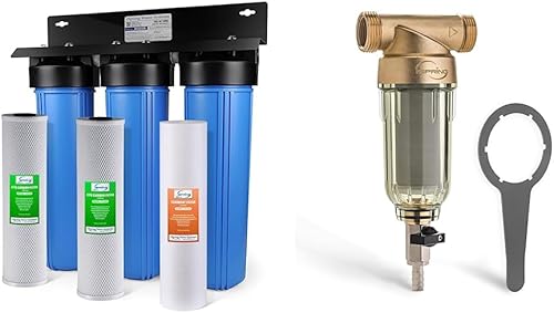 iSpring WGB32B Sistema de filtración de agua de 3 etapas para toda la casa con filtros de sedimentos y bloques de carbono de 20 pulgadas y filtro de