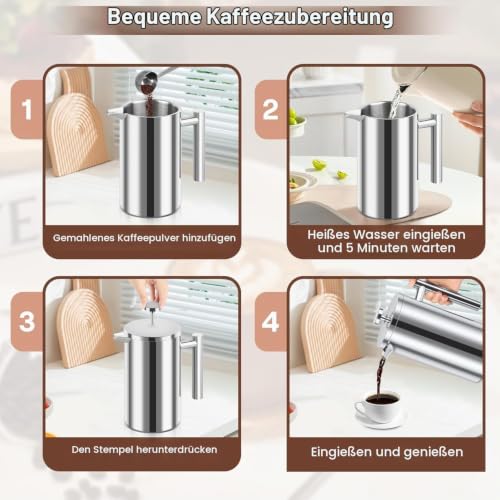 NVIYAM Kaffeebereiter French Press Edelstahl, 1000ml French Press, Doppelwandig Isoliert Kaffeepresse, Kaffee Französische Presse für Haus, Camping und Büro – Bild 4