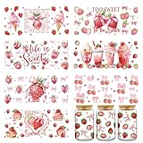 Strawberry Cake UV DTF Stickers - 8 Sheets Strawberry Ice Cream UV DTF Cup Wraps for 16 oz Glass Water Bottle, Pink Coquettte Bows Transfer Sticker DIY Tumbler Mug Craft Decor Creative Gifts for Women