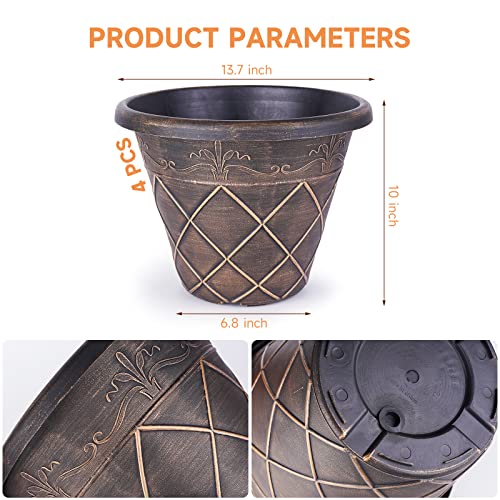 Jofamy 13 Inch Flower Pot Outdoor, 4 Pack Large Outdoor Planters Pots For Plants, Lightweight Tree Flower Plant Pots With Drainage Holes, Bronze Garden Retro Pots #TOP4