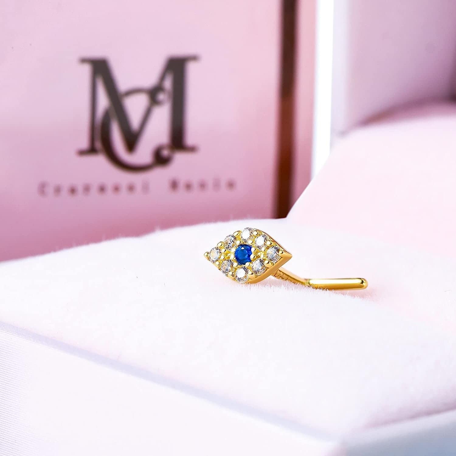CM Crareesi Mania Piercing de nariz de oro de 14 quilates, calibre 20, ojo EviL de 14 quilates, oro macizo de 14 quilates, aretes de nariz en forma de L, juego de puntas para piercing de nariz,