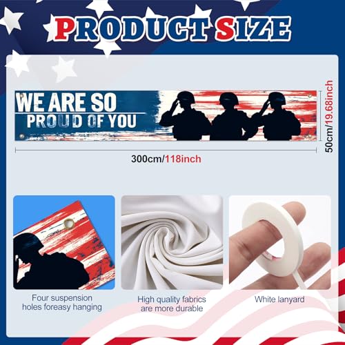 Image of BlissYard 4th of July Banner 118 x 20 Inch We Are So Proud of You Backdrop Patriotic Banner for Outside American Flag Military Banner for Yard Fence Porch Welcome Home Decorations