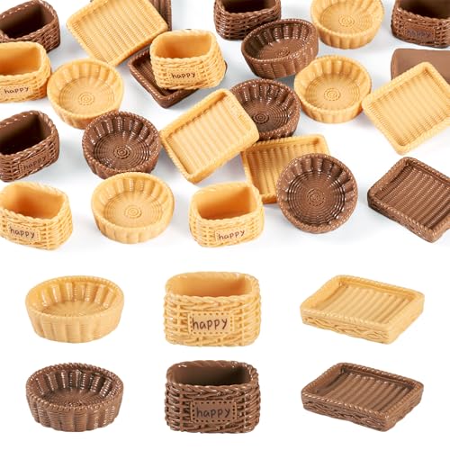 Craftora 24Pcs Resin Miniature Rattan Basket Ornaments for Dollhouse Decor, Cute Basket Display Decorations Mini Micro Landscape Decoration Accessories for DIY Making Crafts