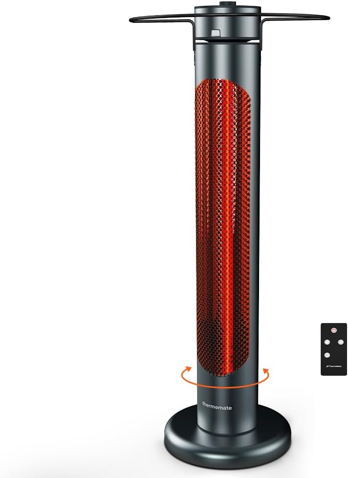 ThermoMate Electric Patio Heater, 1500W IP65 Outdoor/Indoor Infrared Heater with Remote, 8 Heating Levels 8-Hour Timer & Oscillation, Tip-over Protection for Garage Backyard Restaurant 34"