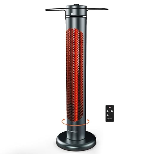 ThermoMate Electric Patio Heater, 1500W IP65 Outdoor/Indoor Infrared Heater with Remote, 8 Heating Levels 8-Hour Timer & Oscillation, Tip-over Protection for Garage Backyard Restaurant