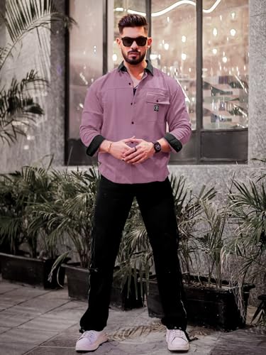 Image of Maniac Mens Solid Collared Neck Full Sleeve Biscuit and Black Cotton Shirt