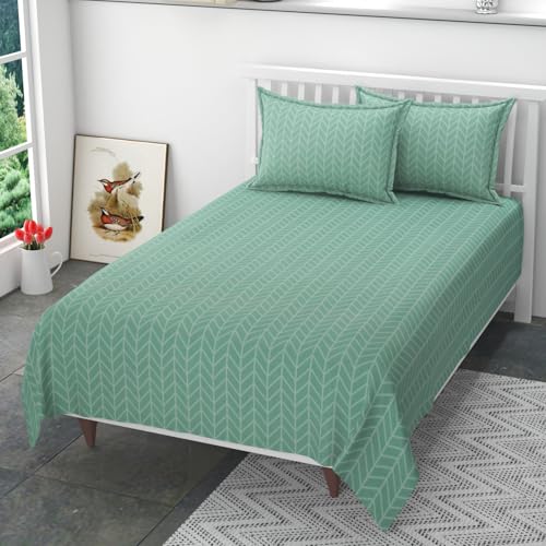 Image of Single Size Polycotton Flat Bedsheet Set - Printed, Wrinkle Free with 2 Pillow Covers (60 x 90 Inches | Green)