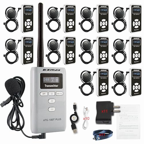 EXMAX® ATG-100T Plus 195MHz Wireless Tour Guide System Microphone for Language Interpretation Church Class Traning Translation Conference Interpretation Travel Trip (1 Transmitter 10 Receivers)
