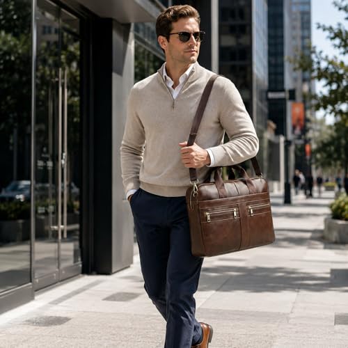 Image of Men's Leather Laptop Bag 15 IN, Water-Resistant Briefcase Messenger Bag for Work, Business, Shoulder Crossbody Office Satchel