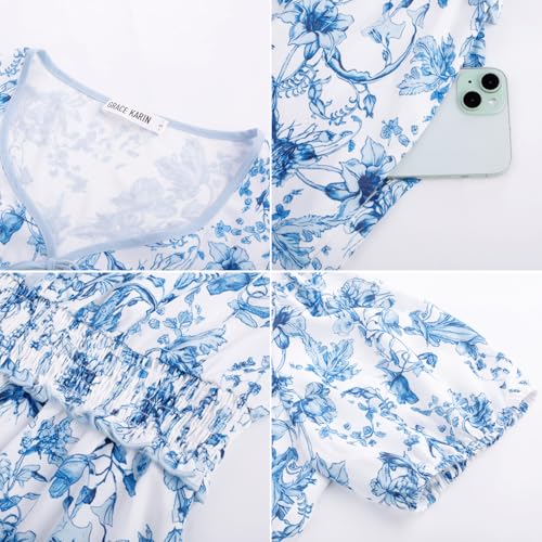 GRACE KARIN 2025 Women's Summer Floral Flowy A Line Midi Dresses Elegant Short Sleeve Smocked V-Neck Tiered Dresses4