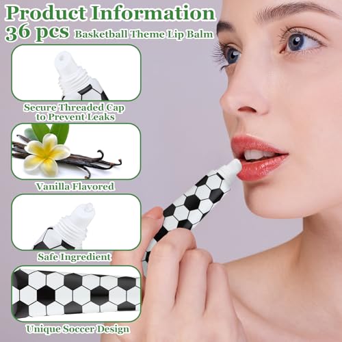 Image of 36 Pcs Soccer Lip Balm Bulk Soccer Team Gifts Vanilla Flavored Moisturizing Lip Repair for Women Players Fans Coaches Sports Party Supplies 0.35 oz