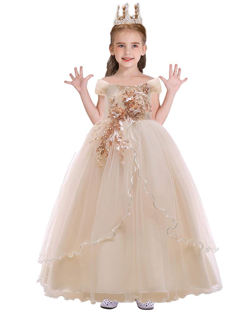 Wocinl Girls Champagne Off-The-Shoulder Party Dress Princess Birthday Pageant Wedding Prom Communion Evening Dance Long Tulle Gown 6-7 Years