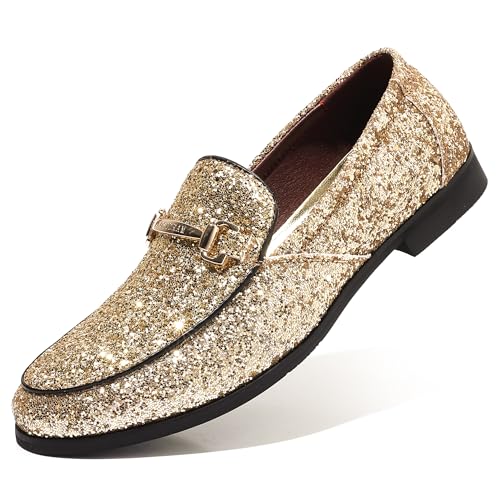 COSIDRAM Mens Glitter Dress Shoes Metallic Sequins Tuxedo Luxury Gold Buckle Loafers Slip-on Wedding Party Shoes Gold 12