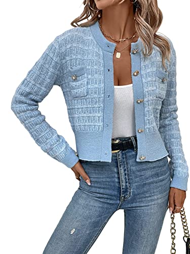MakeMeChic Women's Cropped Cardigan Sweater Pearl Button Down Knit Open Front Lightweight Sweaters Jackets