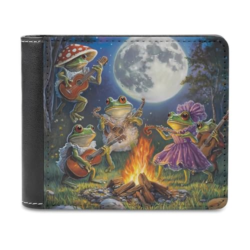 Frog Bonfire Party Under The Moon Bifold Wallet PU Leather Slim Purse Pocket Wallet with Card Holder for Women Men