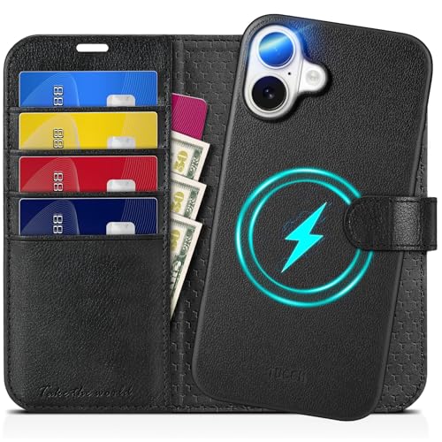 Coque pour iPhone 16 Plus amovible 2 en 1 et étui portefeuille cuir noir