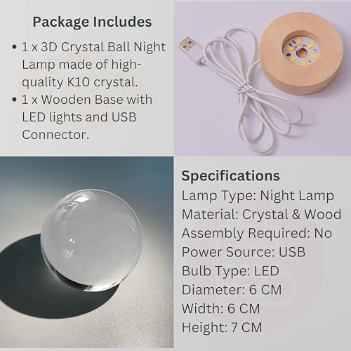 Image of 3D Saturn Crystal Ball Night Light with Wooden Base, Table Lamp