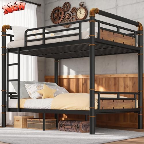 ZVXKLP Heavy Duty Metal Queen Over Queen Bunk Bed for Teens and Adults Safe Convertible 2 Bunk Beds Queen Size Frame W/Padded Ladder & Guardrail No Box Spring Needed Weight Capacity 700LBS (Black)