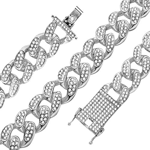 20mm Cuban Link Chain for Men Iced Out Bling Hip Hop Necklace Silver Plated Rhinestone Clasp Women Choker Chain 8