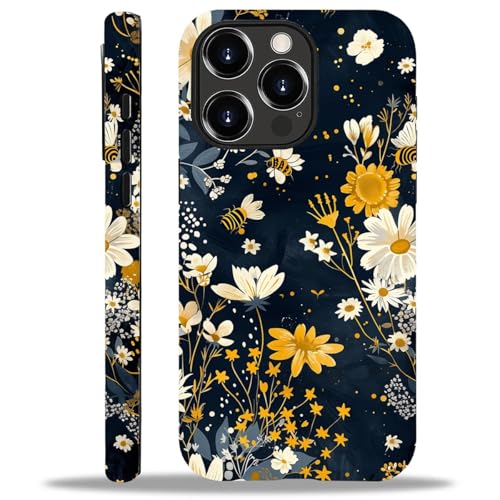 yicomon Compatible with iPhone 12 Pro Max Case, Honeybees Flowers Navy Blue Gold Foil Pattern Print Phone Case Durable Fashion Funny Liquid Silicone Case Soft Anti-Scratch Shockproof Protective Cover