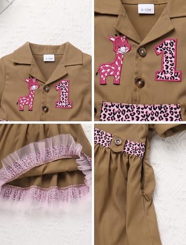 IDOPIP Baby Girls Wild Jungle Safari 1st Birthday Outfit Toddler Leopard Giraffe Tutu Dress with Hat Clothes for Photo Shoot3