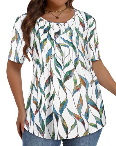 Image of Plus Size Tops for Women Pleated Summer Top Trendy Short Sleeve Shirts Casual Basic Tee Crew Neck Blouses 2026