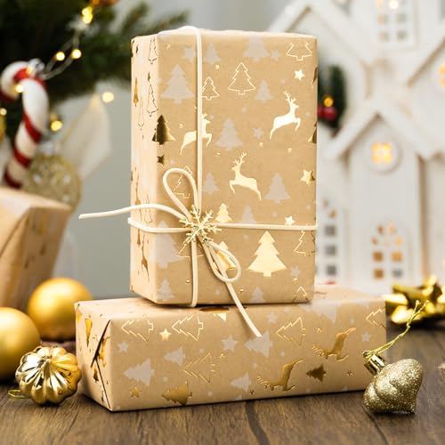 Garbendy Rolo de papel de embrulho de Natal Kraft - 43 cm x 10 m em relevo 3D com rena de folha dour