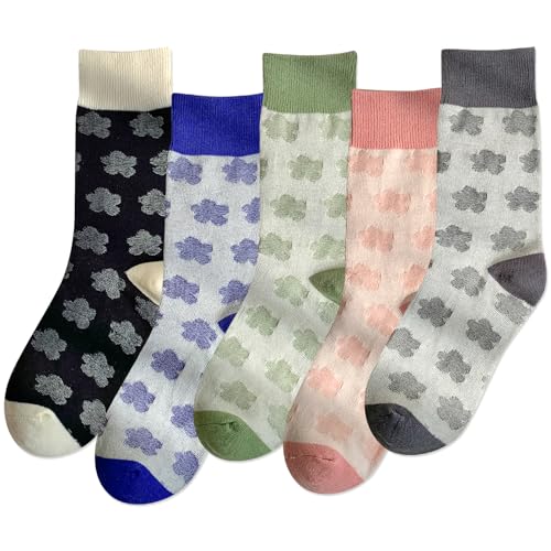 Image of IIG 3-5 Pairs Womens Vintage Cozy Crew Socks Soft Cute Neutral Cotton Socks Exquisite Patterns Socks Gift
