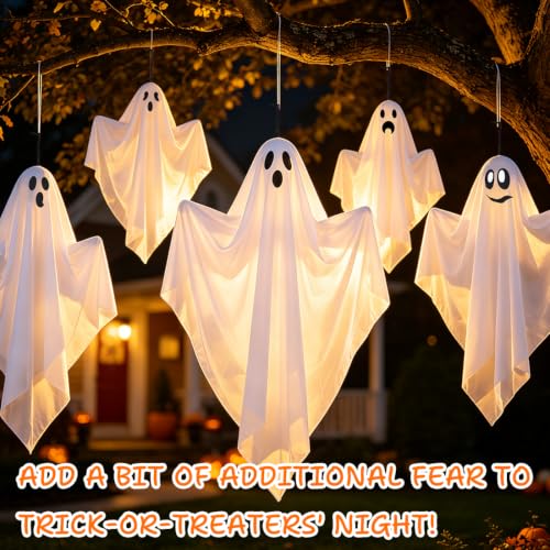 Plamerx 6 Pcs Halloween Hanging Ghosts, 27.5'' Flying Ghost for Outdoor Front Yard Porch Patio Lawn Garden Trees Holiday Party Décor Halloween Decorations - image 5