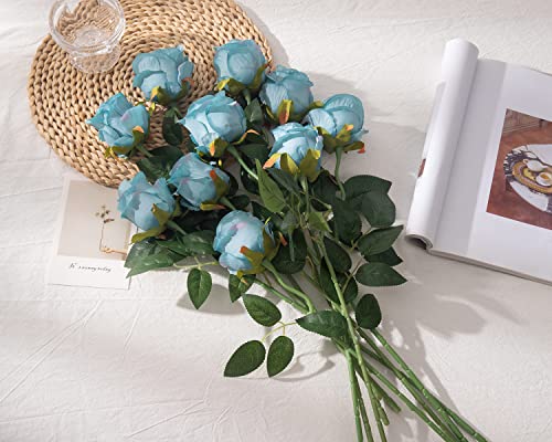 DuHouse 10pcs Artificial Silk Roses Flowers Single Long Stem Fake Rose Bouquet for Wedding Home Party Decoration Centerpieces(Blue) - Image 2