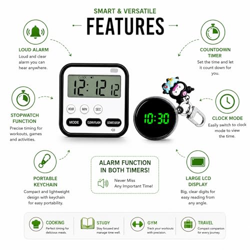 Image of 2 Timer Combo - Digital Kitchen Timer with Portable Keychain Clock, Large LCD Display, Countdown & Stopwatch Timer for Cooking, Study, Gym & Travel