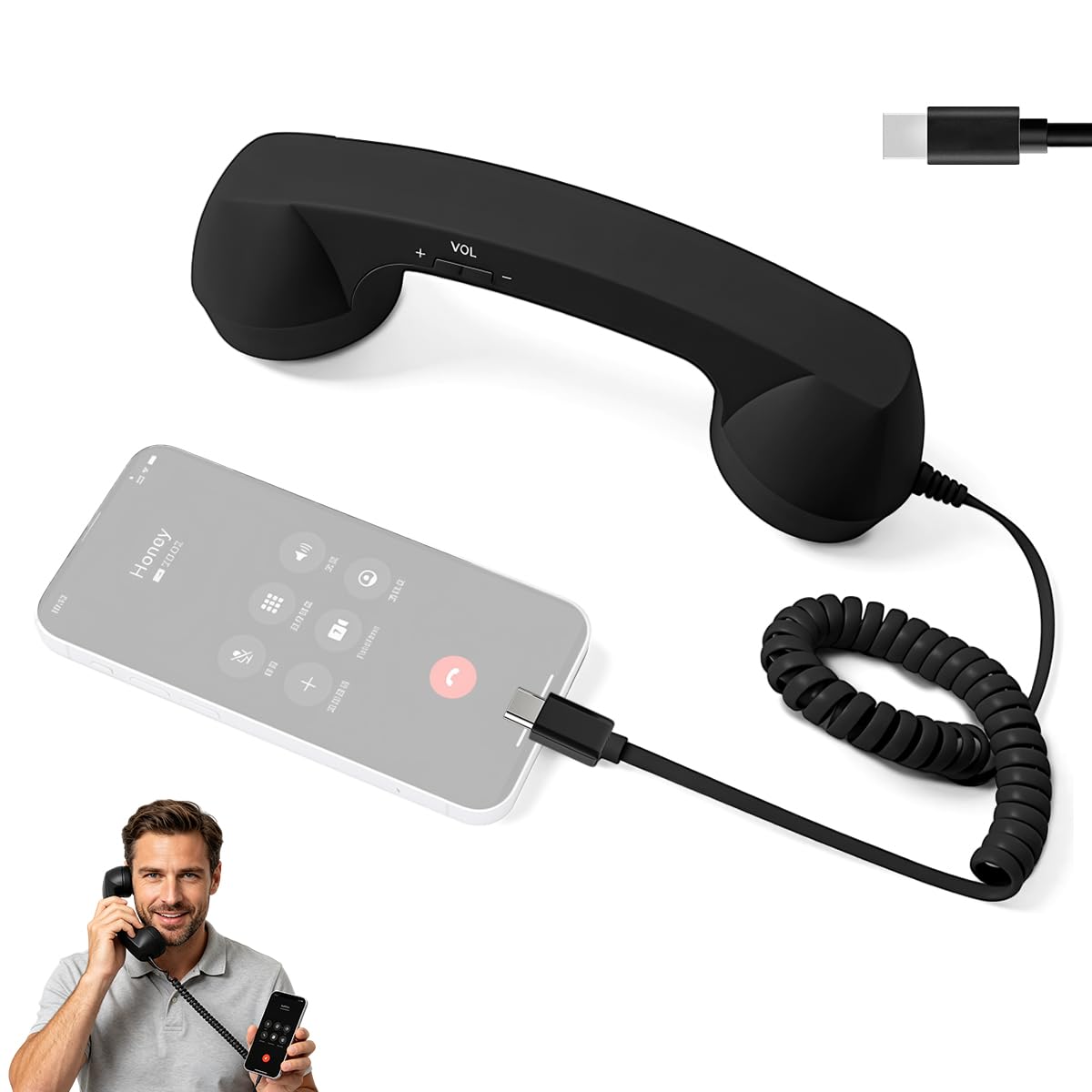 ZORBES® Retro Mobile Phone Handset for Type-C Smartphones, Plug and Play Wired Telephone Receiver Coiled Cord Retro Landline Call Handset with Volume Control, Hands-Free Vintage Phone Accessory-picture-20