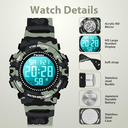 Image of Kids Watch Digital for Boys-Waterproof Kids Sports Watch with Light, Alarm&Snooze,Stopwatch Military Design Silicone Band Gift for Birthdays,Christmas Outdoor Activities(8+ Years)