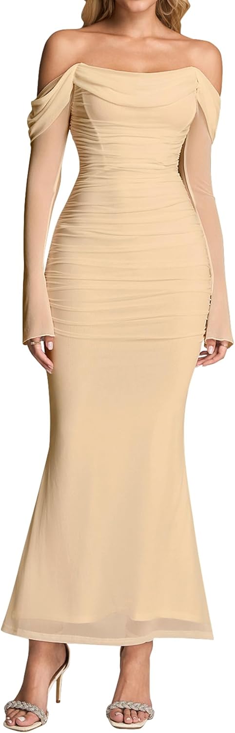 KUTUMAI Off Shoulder Long Sleeve Maxi Dress Corset Bodycon Ruched Cocktail Formal Wedding Guest Dresses for Women